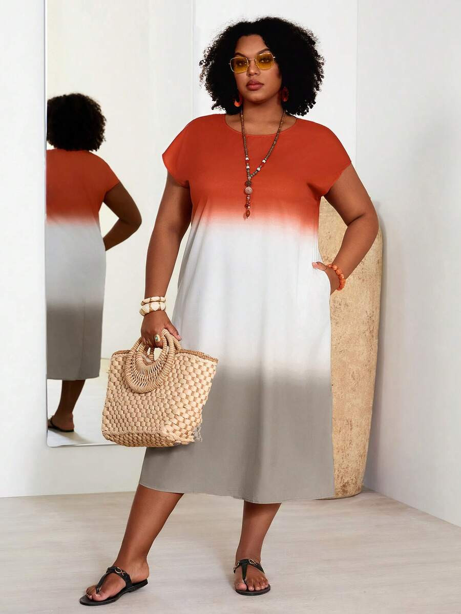 BrightlyHer Plus Size Women's Short Sleeve Color Block Round Neck Gradation Print Beach Dress Wit... | SHEIN