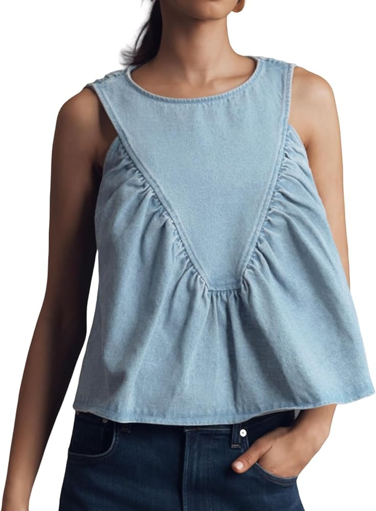 EZAPINE Womens Peplum Babydoll Denim Tops Casual Summer Sleeveless Flowy Jean Tops Loose Shirred ... | Amazon (US)