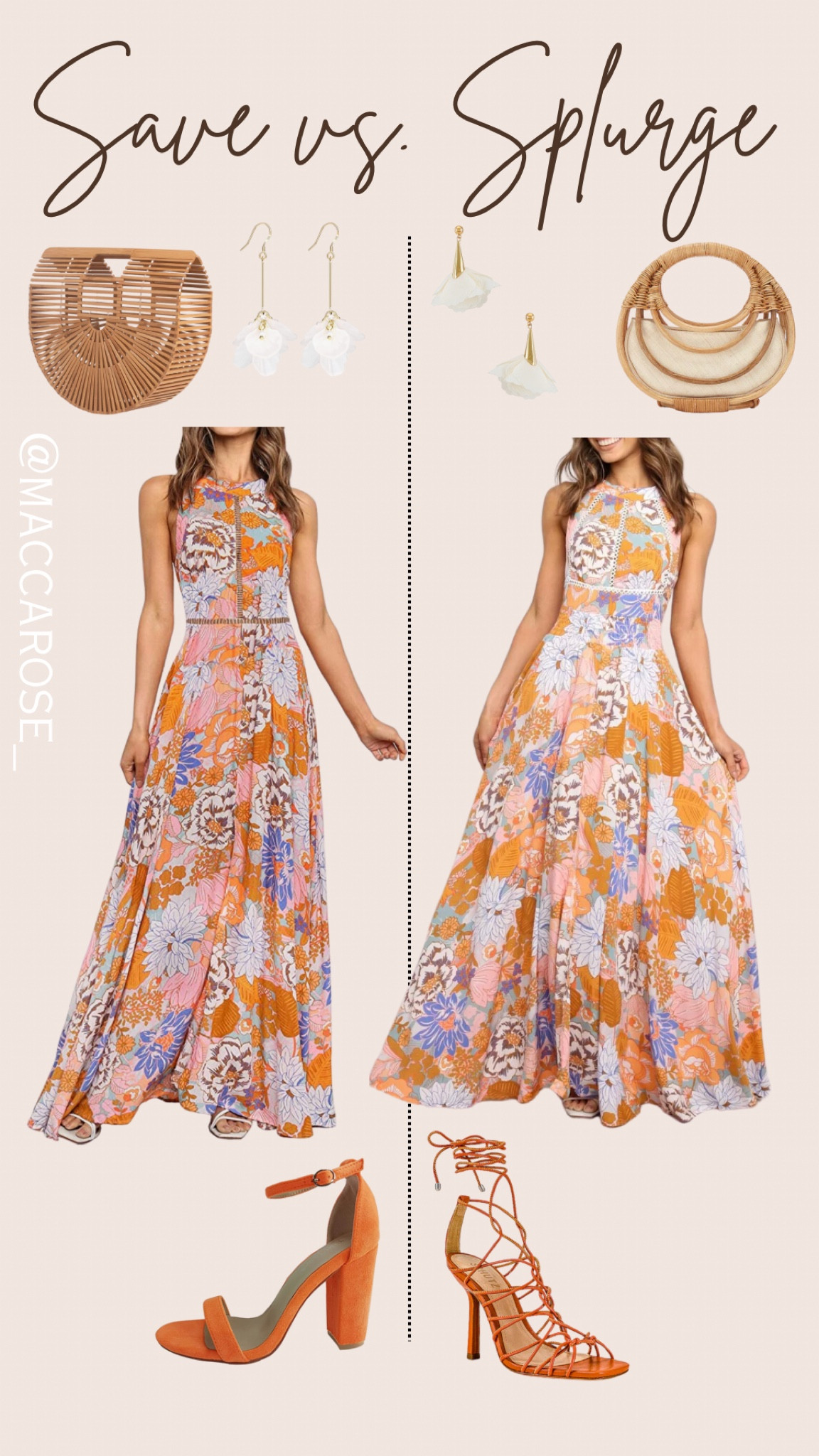 Wedding guest outfit idea | save vs. splurge | floral dress | maxi dress | bamboo bag | orange heels | all dressed up | dressy occasion | special occasion | travel | vacation outfit | Amazon fashion | Revolve | Macys 

Wearing size small in the Amazon option  

#LTKSeasonal #LTKwedding #LTKtravel