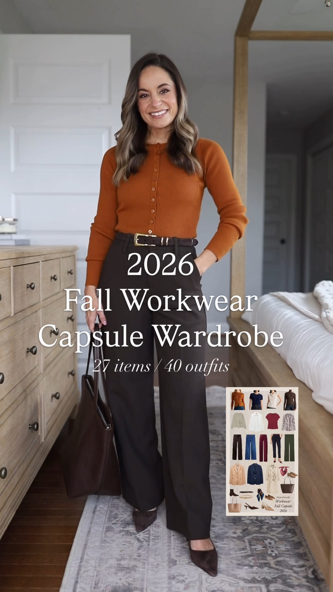 The 2026 Fall Workwear Capsule Wardrobe for petites! 

Full capsule series starts Friday! 

Orange Cardigan (Quince): xs 
Navy Sweater T-Shirt (Quince): xs 
Ivory Draped Top (Quince): xs 
Brown Ribbed Top (Quince): xs 
Wrap Cardigan (Aritzia): xs
White Button Down (J.Crew): petite 00 
Burgundy Short Sleeve Top (BR Factory): xxs 
Striped Button Down (Ann Taylor): xxs 
Brown Wide Leg Pants (BR Factory): petite 00 (doubleweave is sold out in brown, linking in black, similar option in the Hayden Pants)
Wide Leg Jeans (J.Crew Factory): petite 24 
Burgundy Wide Leg Pants (BR Factory): petite 00 
Navy Slim Pants (Ann Taylor): petite 00 (I’m wearing curvy, but linked both fits)
Olive Cropped Flare Pants (J.Crew): petite 0 
Tan Blazer (J.Crew): petite 00 
Navy Blazer (J.Crew): petite 00 
Trench Coat (J.Crew): petite 00 

For size comparison, I’m 4’10” 105lbs. My measurements are 32”, 24”, 36”. I typically wear petite xxs/00/24 and have a 25” ankle inseam and a 27.5-28” full length inseam.