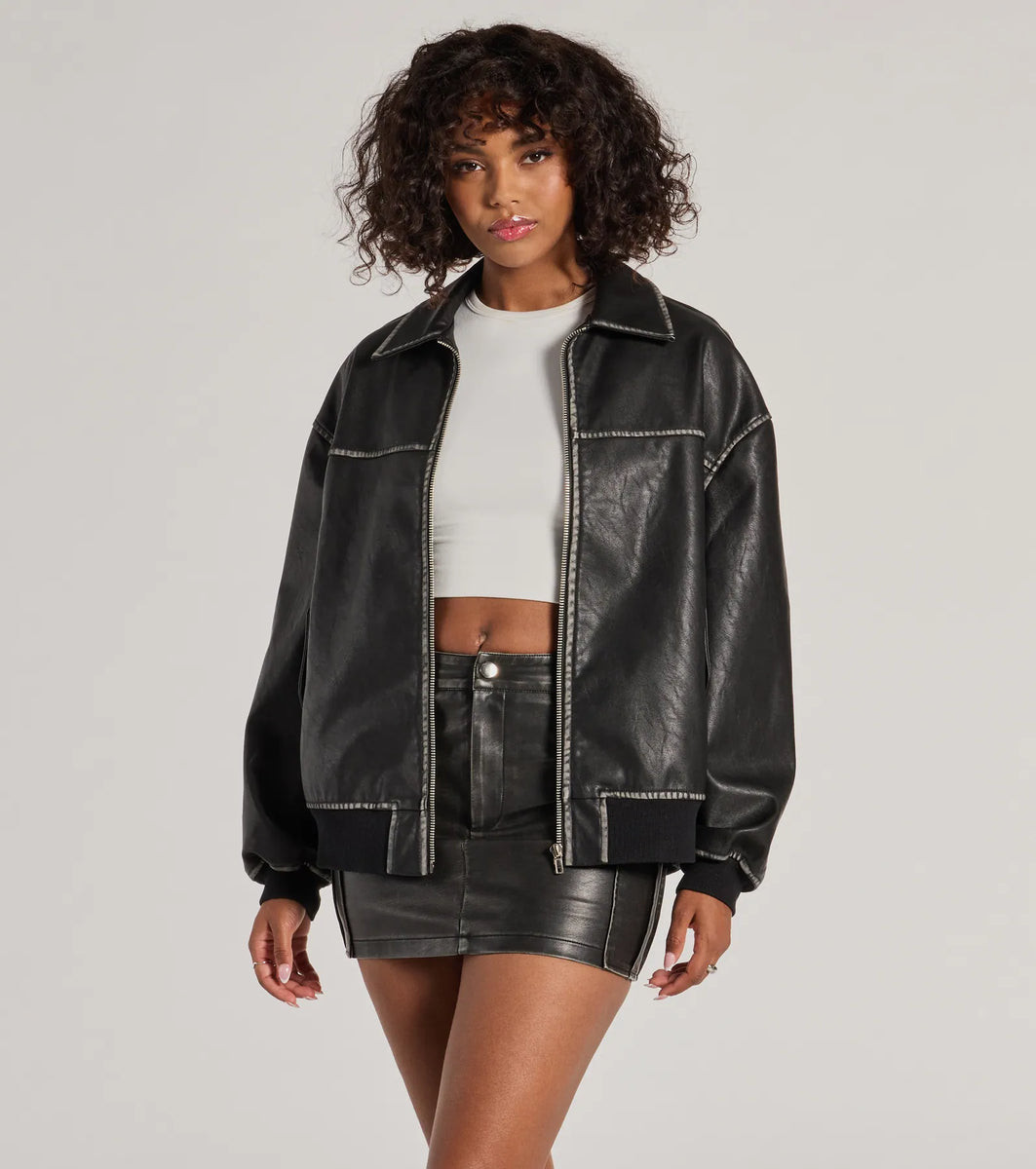 Vintage Chic Faux Leather Oversized Bomber Jacket | Windsor Stores