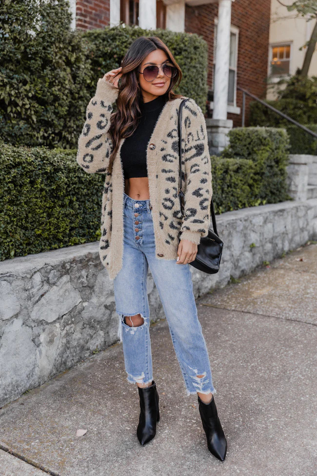 Pure Ambition Tan Fuzzy Animal Print Cardigan | The Pink Lily Boutique