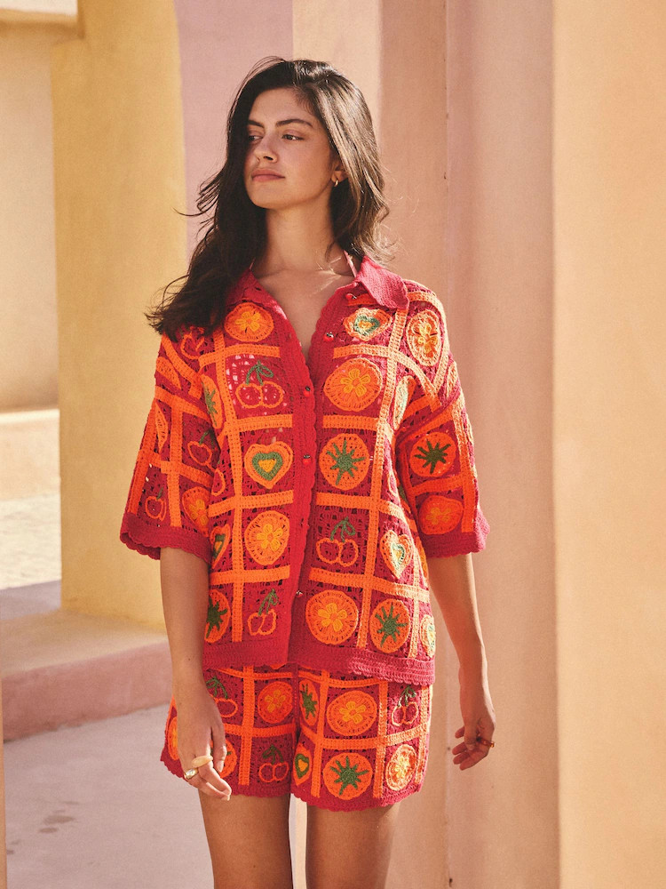 Red/Orange Fruit Crochet Short Sleeve Collared Shirt | Next US