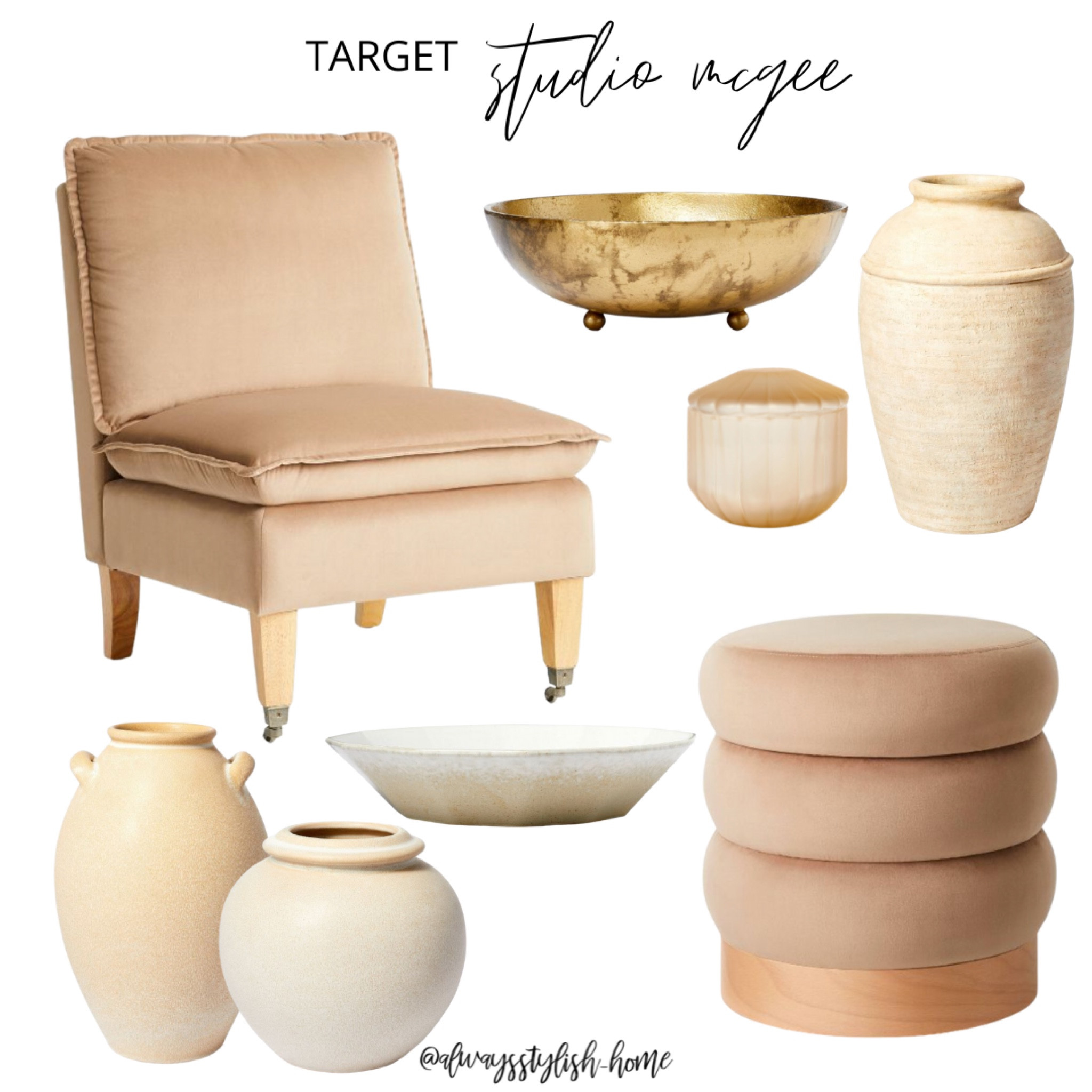 New target x studio McGee! Yak wet pillow top slipper chair light brown velvet, round channel tufted ottoman, cream vase, terracotta vase, low cream vase, cream bowl, gold bowl, fluted canister

#LTKhome #LTKFind