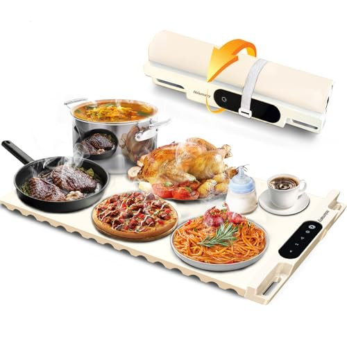 Food Warming Mat,Fast Heating Silicone Electric Warming Tray With 3 Level Temperature and 3 Level Timer, Roll Up Buffet Hot Plates Heat Pads, Portable Foldable Food Warmer For Parties Home white | Amazon (US)