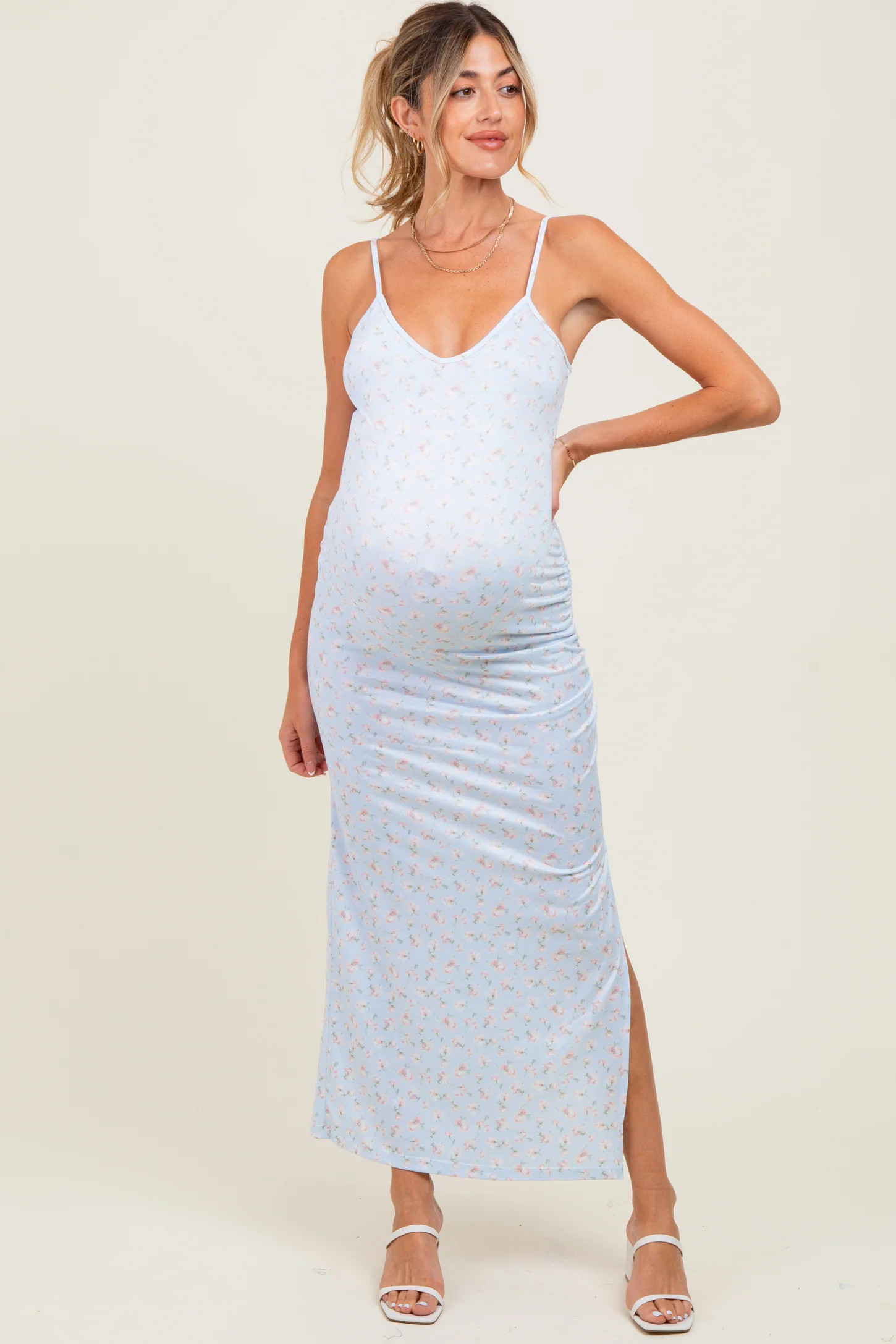 Light Blue Spring Floral Print Sleeveless Maternity Dress | PinkBlush Maternity