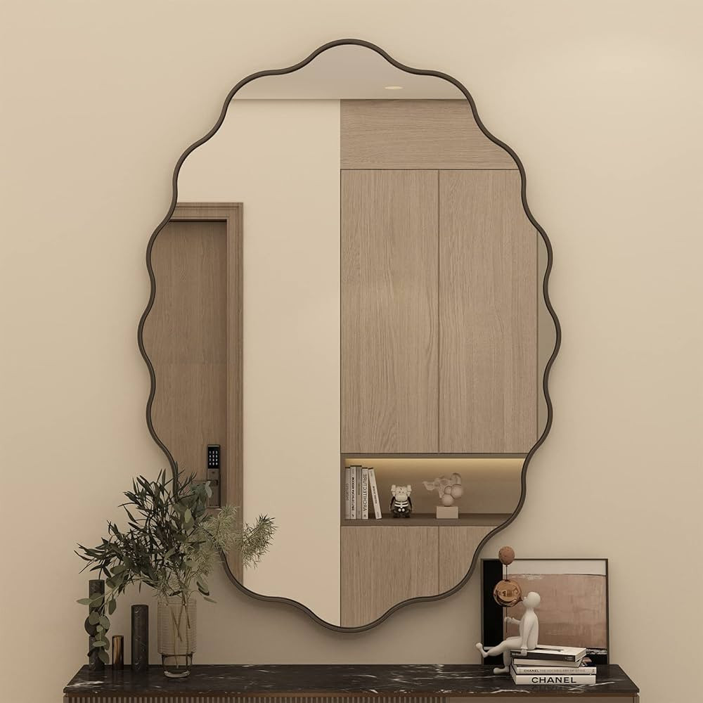 24x36 Oval Bathroom Mirror, Matte Black Wavy Framed Bathroom Mirror, Irregular Mirror for Wall, A... | Amazon (US)