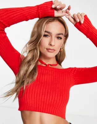 Monki off the shoulder cropped halter knitted top in red | ASOS (Global)