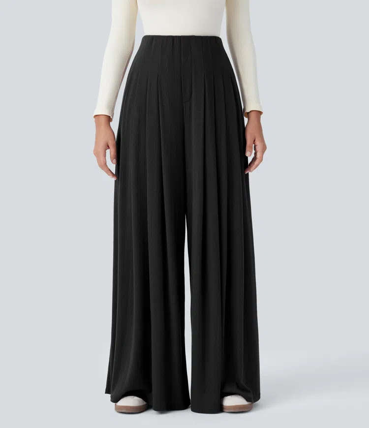 Ribbed Knit High Waisted Pleated Pocket Flowy Wide Leg Casual Pants | HALARA