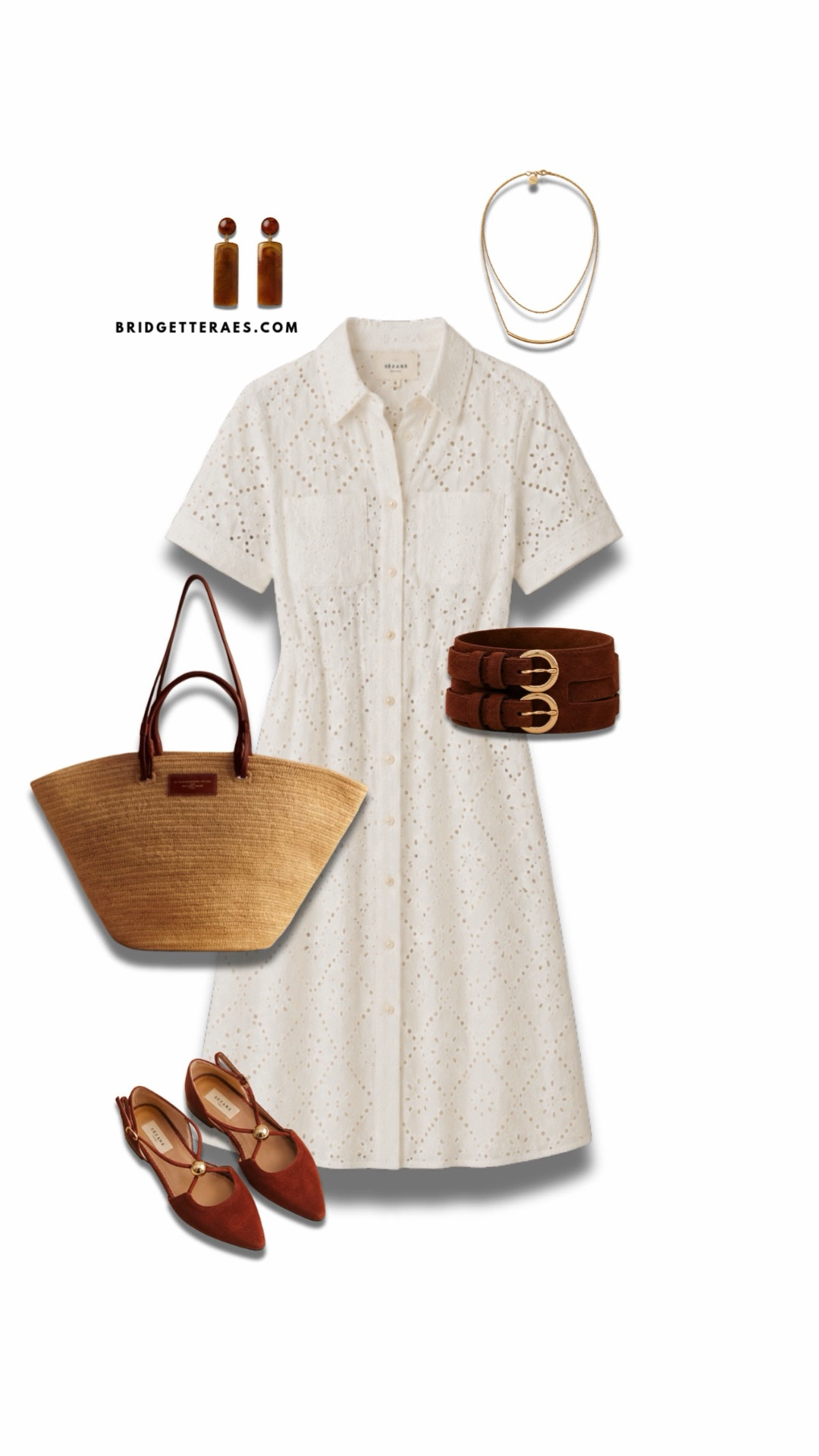 This outfit feels like a European summer getaway translated into a perfectly polished everyday look. The crisp white eyelet shirt dress serves as the ideal foundation, combining timeless tailoring with delicate embroidered details that add texture, femininity, and effortless charm. The warm cognac accessories create beautiful contrast against the fresh white palette, from the statement double-buckle belt that defines the waist to the elegant pointed-toe flats that feel both sophisticated and comfortable. A woven straw tote reinforces the relaxed, vacation-inspired aesthetic while still feeling elevated enough for brunches, shopping, winery visits, or casual summer gatherings. The amber-toned earrings and delicate layered necklace add warmth and refinement without overwhelming the look, creating a balanced finish that feels intentional and chic. Equal parts classic and contemporary, this ensemble captures everything we love about warm-weather dressing—light fabrics, natural textures, rich leather accents, and timeless silhouettes that look effortlessly stylish year after year.

#LTKgrwm #LTKootd #LTKWorkwear