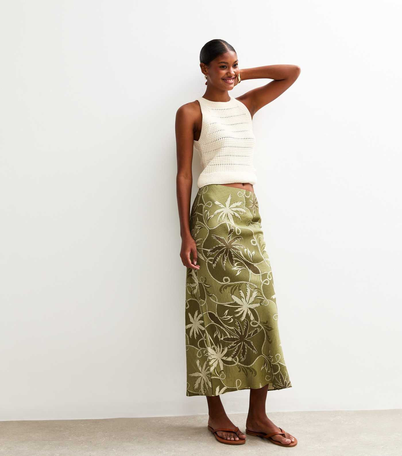 Green Palm Tree Print Midi Skirt  | New Look | New Look (UK)