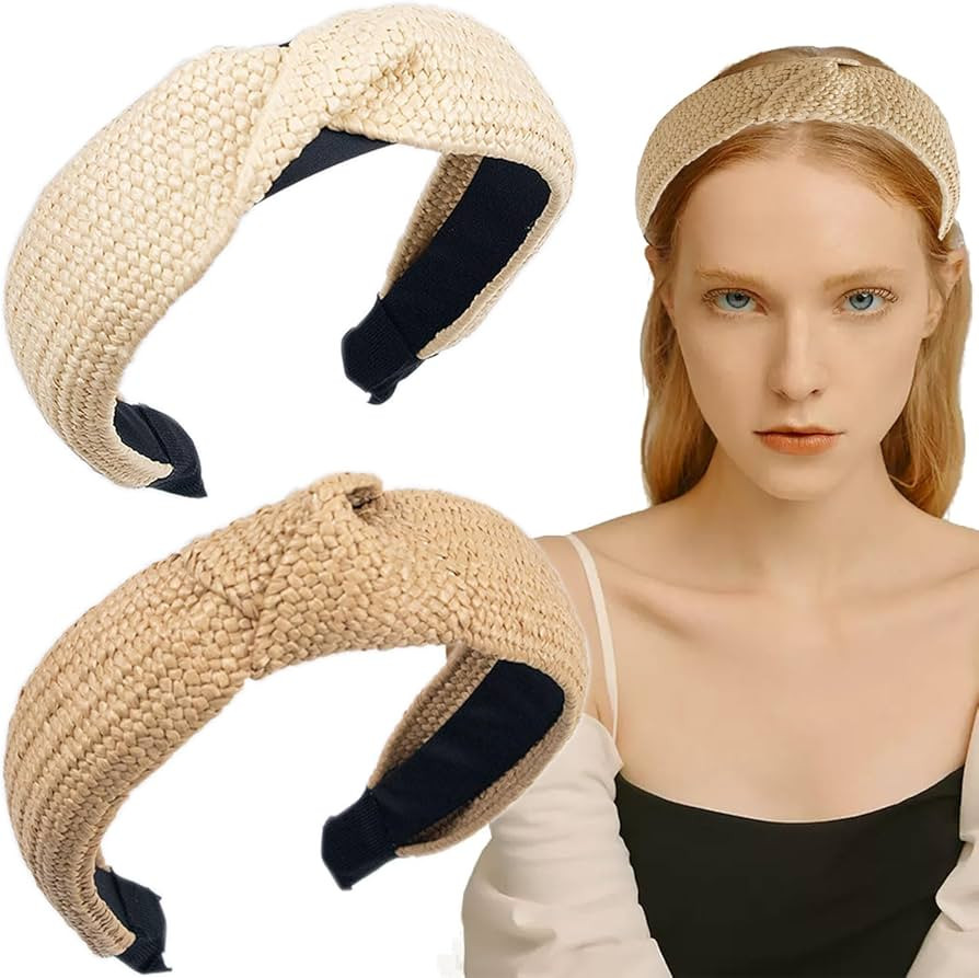 2 Pieces Straw Knotted Headbands for Women, Top Knot Headband Boho Wide Head band Twist Woven Hea... | Amazon (US)