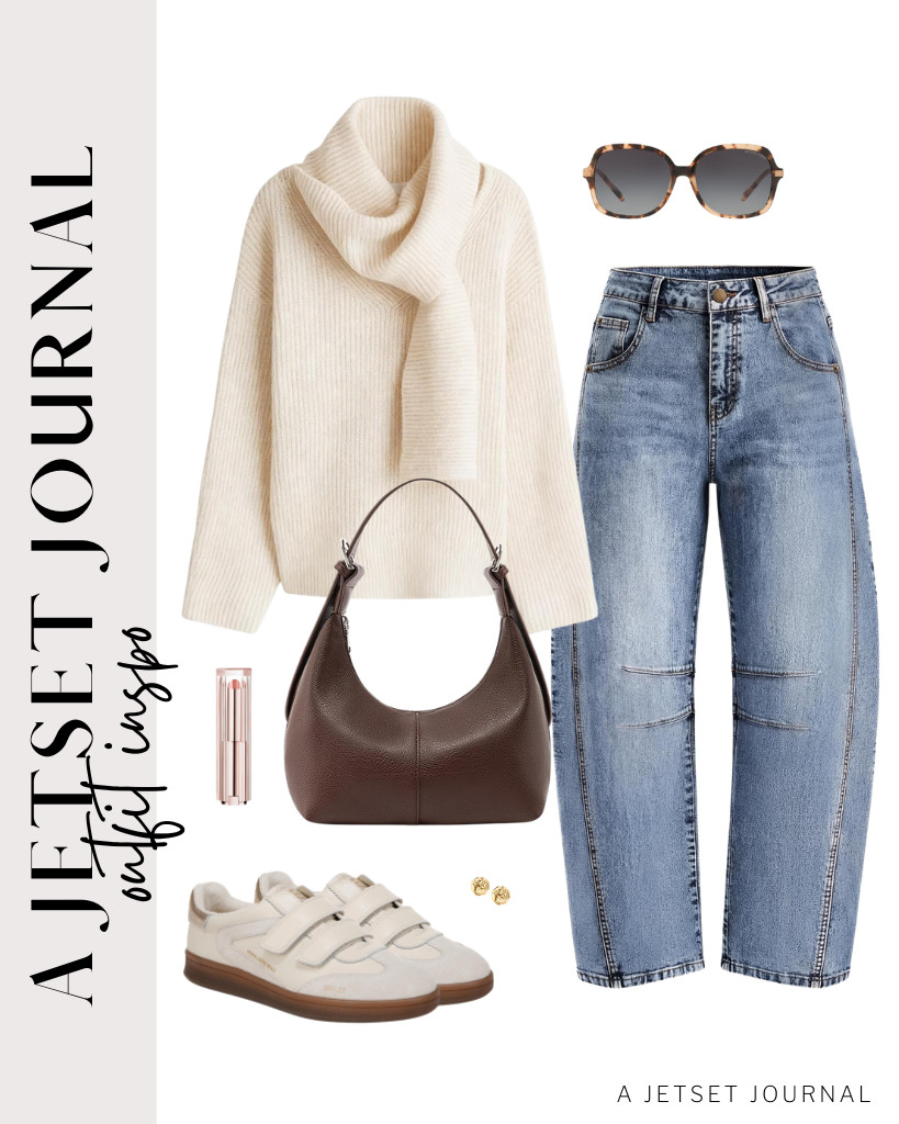 Do you love barrel jeans? You can pair them with a ribbed sweater and a matching scarf. Sam Edelman's Talia sneakers complement this outfit perfectly. To complete the look, add a crescent shoulder bag and some sunglasses. 

 #LTKSeasonal #LTKSaleAlert #LTKTravel