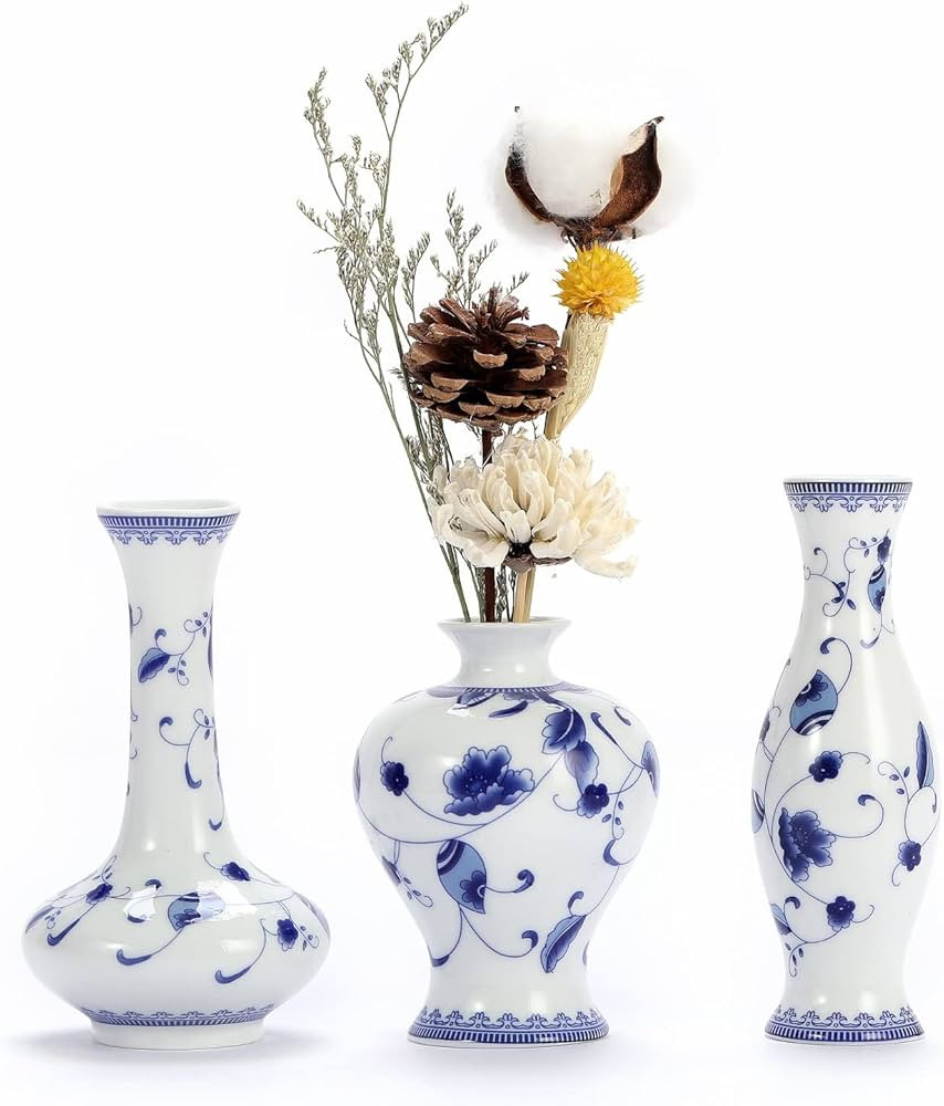 Blue and White Small Bud Vase Set, 3 Petite Classic Oriental Bottle Vases for Window sill, Mini A... | Amazon (US)