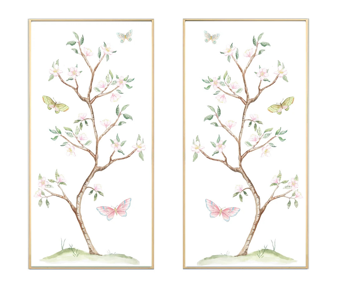 Tall Chinoiserie Cherry Blossom Wall Art Set Botanical Wall Decor Maximalist Home Decor Chinoiser... | Etsy (US)