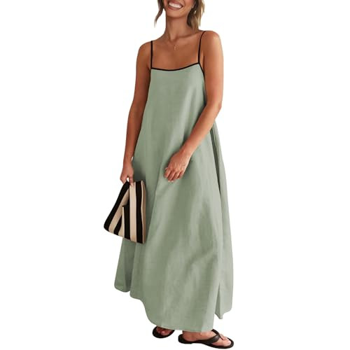 Senllen Women's Linen Dress Summer Loose Flowy Sundress Contrast Spaghetti Strap Sleeveless Backl... | Amazon (US)