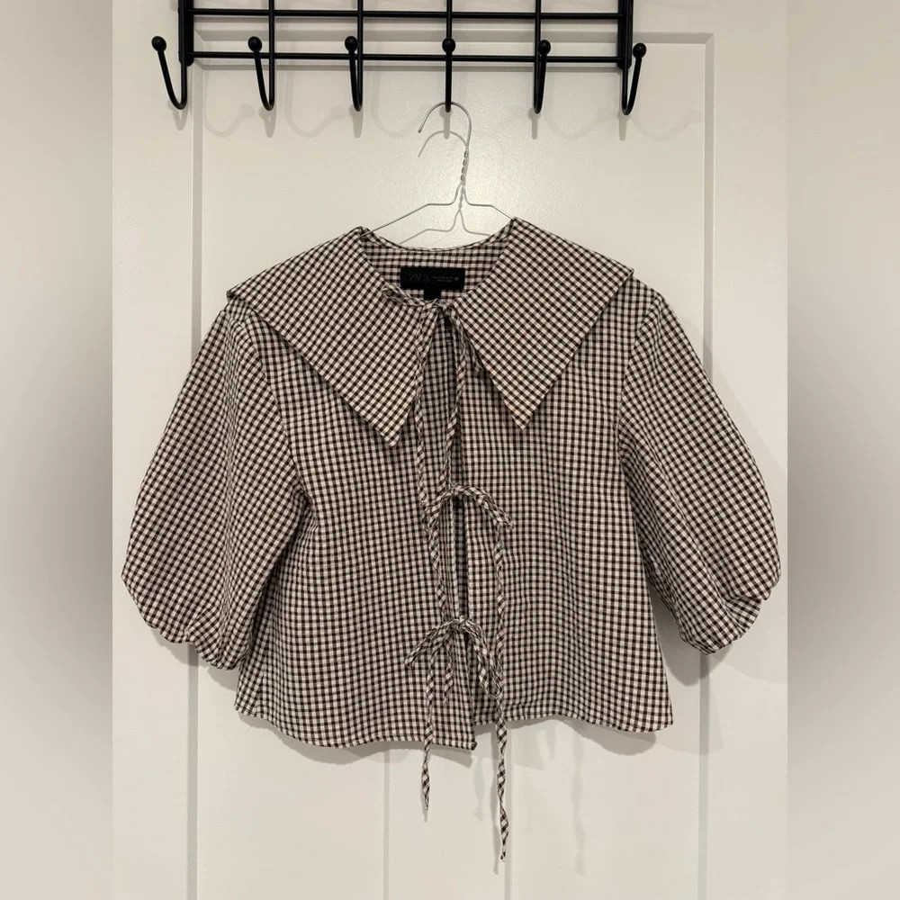 Zara Brown and White Checkered Blouse | Poshmark