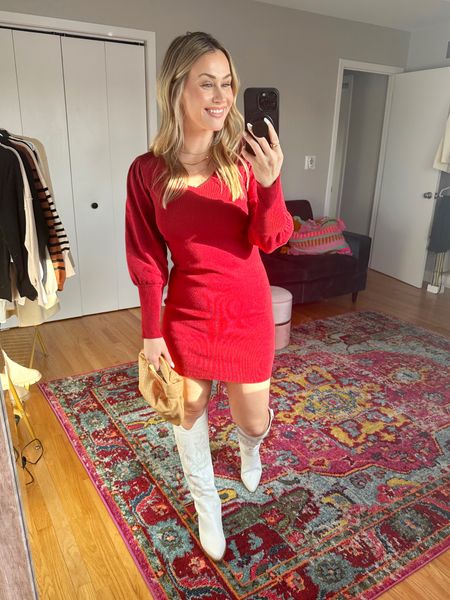 Valentine’s Day outfit / amazon sweater dress, white boots and small purse, all are amazon fashion finds! This dress would also be such a cute option for a wedding guest dress

#LTKstyletip #LTKunder50 #LTKwedding