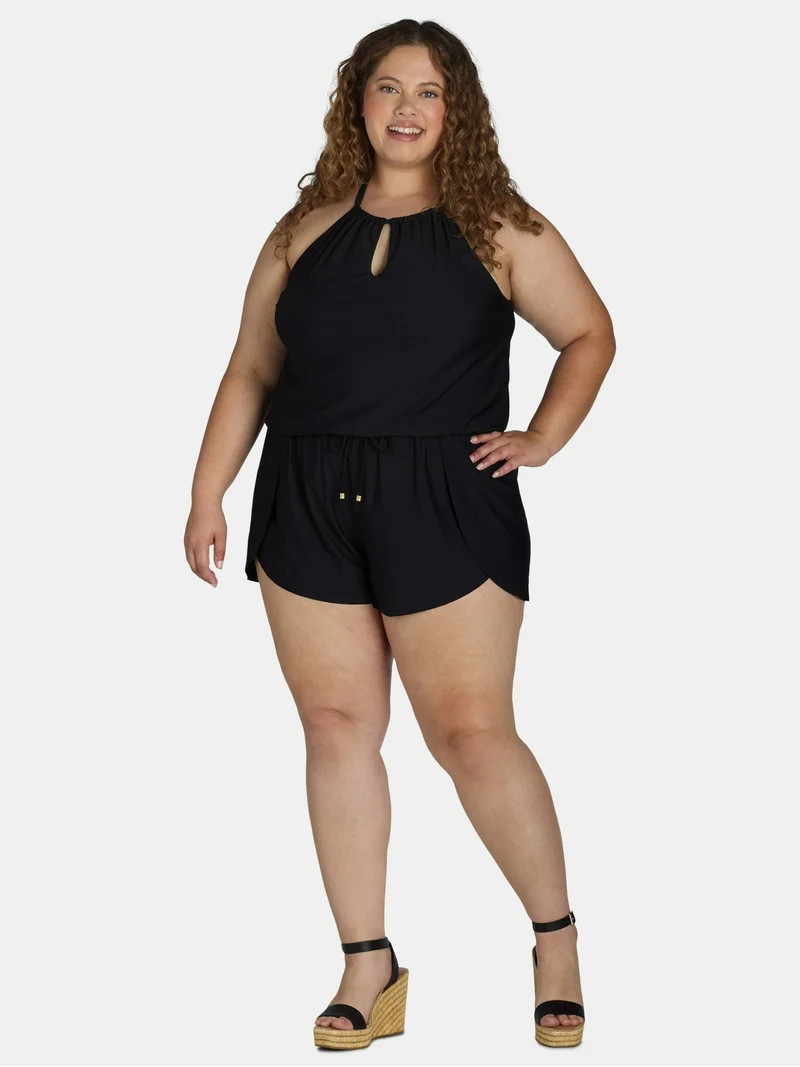 Time and Tru Women's and Women's Plus One Piece Swim Romper, Sizes XS-3X | Walmart (US)