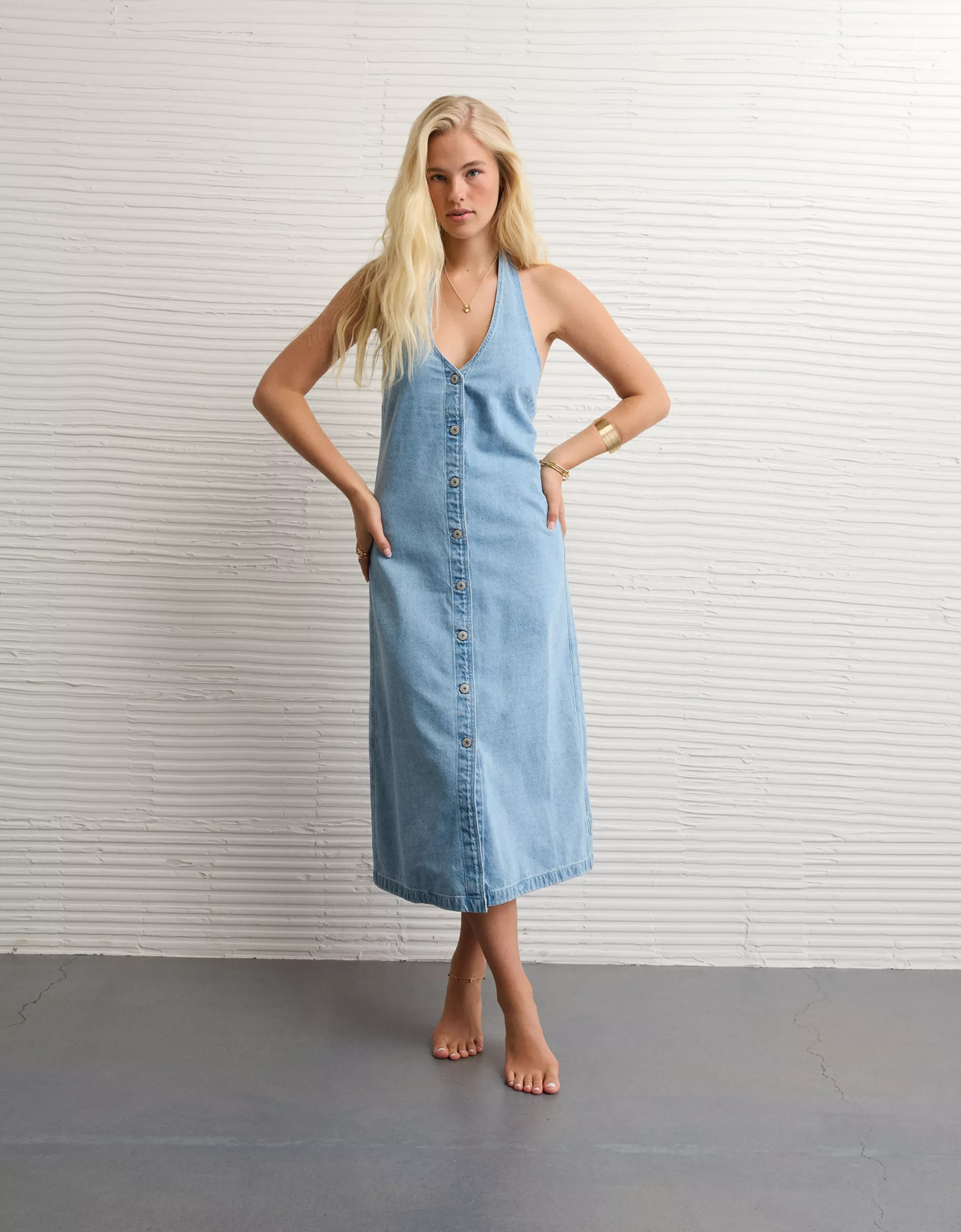 AE Halter Denim Midi Dress | American Eagle Outfitters (US & CA)