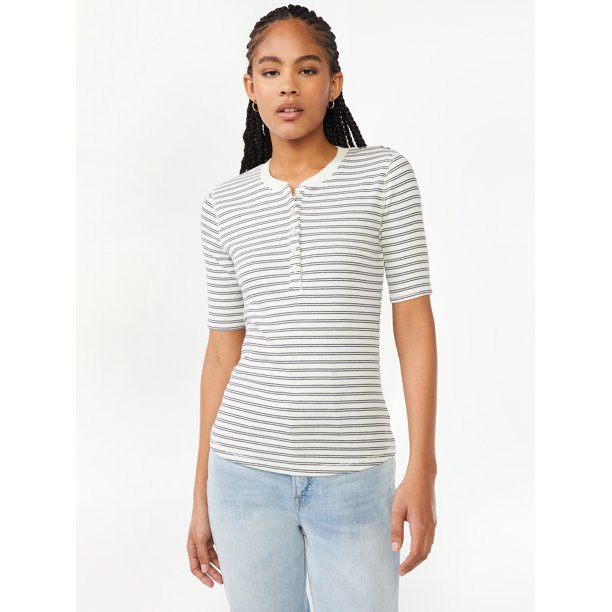 Free Assembly Women's Rib Henley Tee with Short Sleeves | Walmart (US)