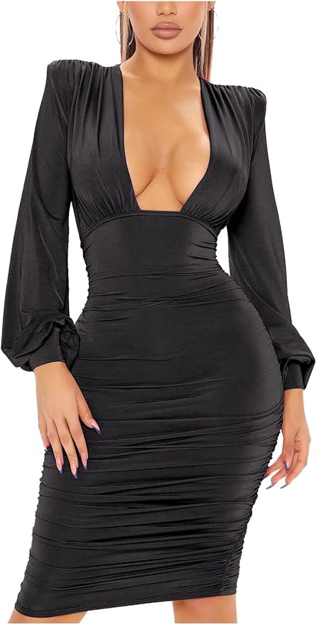 L'VOW Women's Sexy Deep V Neck Long Sleeve Ruched Bodycon Shoulder Padded Club Midi Dress | Amazon (US)