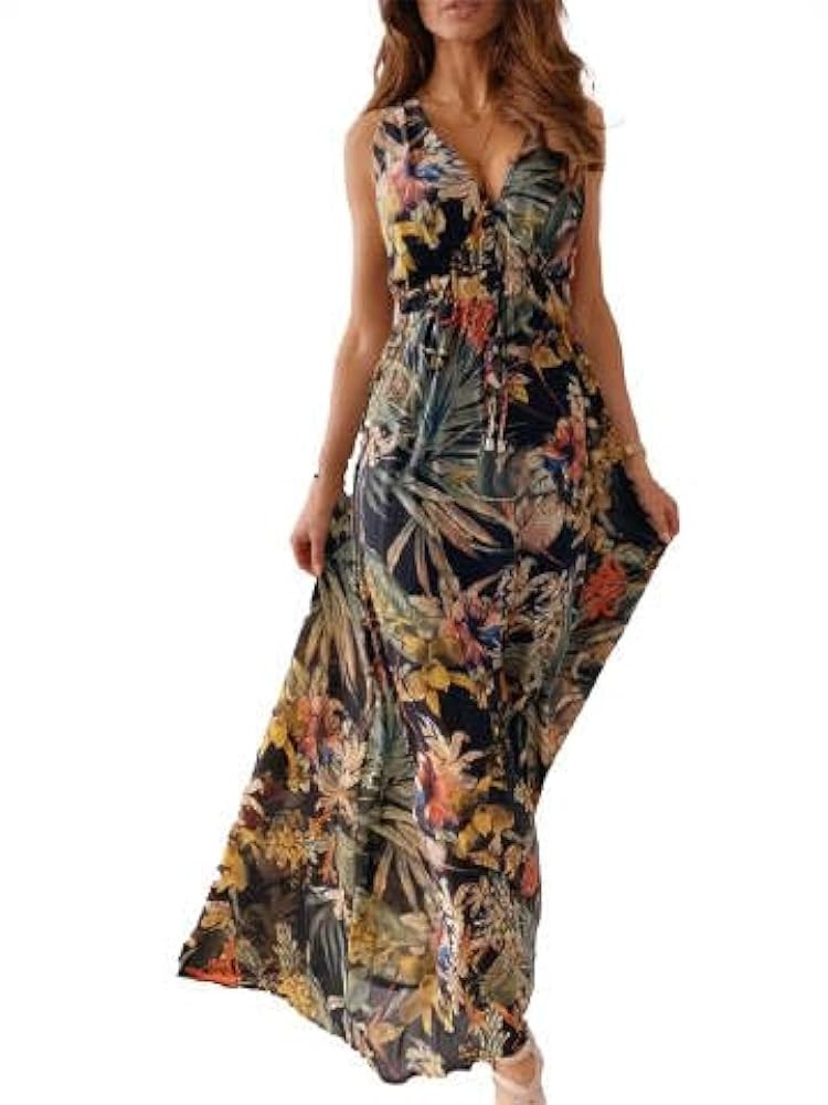 Women's Flowy Chiffon Tropical Floral Sleeveless Maxi Dress, Deep V Neck Backless A-line Elastic ... | Amazon (US)