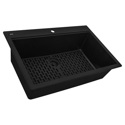 Ruvati 33 x 22 inch epiGranite Drop-in Topmount Granite Composite Quartz Single Bowl Kitchen Sink - Midnight Black - RVG1080BK | Amazon (US)