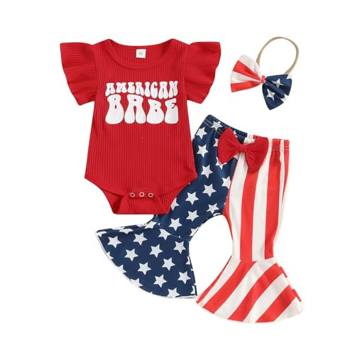 Kuriozud Newborn Baby Girl 4th of July Outfit Ruffle Romper American Flag Flare Pants Set Infant Fourth of July Summer Clothes (American babe red, 3-6 Months) | Amazon (US)
