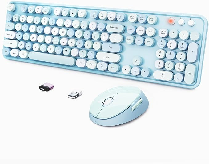 Wireless Keyboard and Mouse Combo, Ergonomic Full Size Typewriter Retro Round Keycaps Keyboard, C... | Amazon (US)