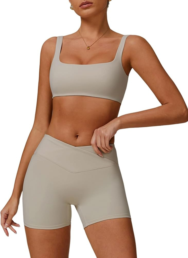 Two Piece Workout Sets for Women Square Neck Sports Bra and Scrunch Butt Lifting Shorts Gym Yoga ... | Amazon (US)