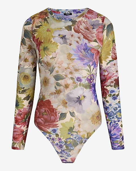 Fitted Mesh Floral Crew Neck Long Sleeve Bodysuit | Express