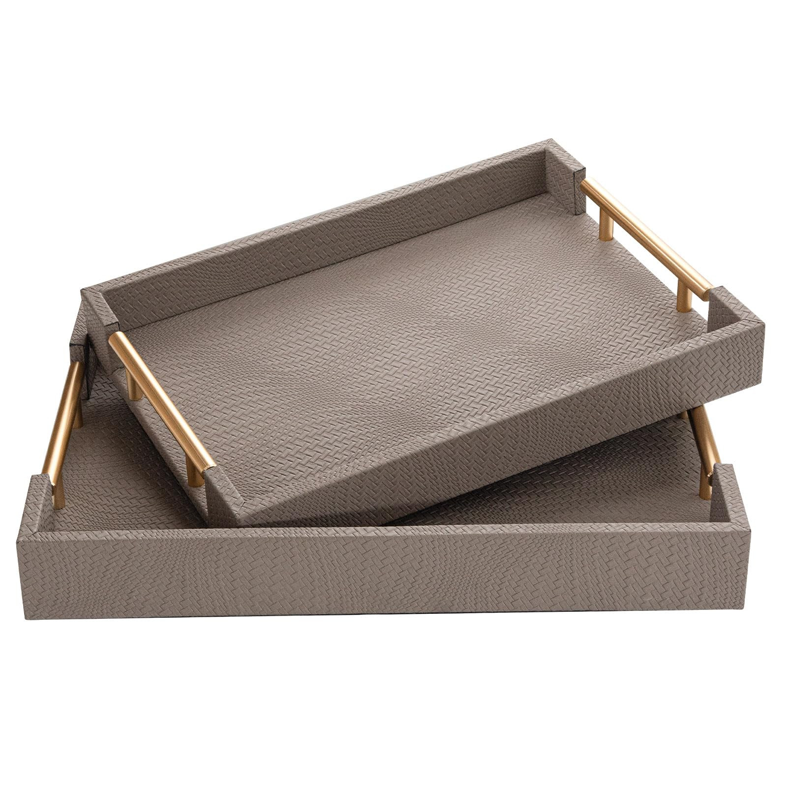 2 Piece Woven Leather Ottoman Tray with Gold Handles, Perfect Rectangular Serving Tray for Living... | Amazon (US)