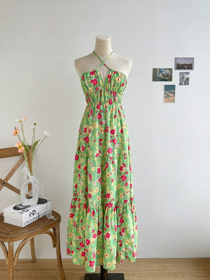 SHEIN WYWH Wywh Women's Vacation Style Romantic Floral Print Criss Cross Halter Neck Summer Maxi ... | SHEIN