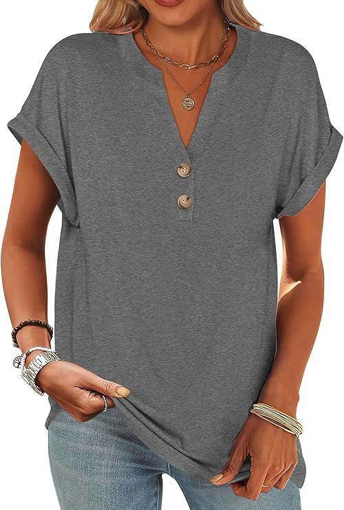 ANRABESS Womens Short Sleeve Henley Tops V Neck Dressy Casual Blouses Summer Trendy Tee Shirts 20... | Amazon (US)