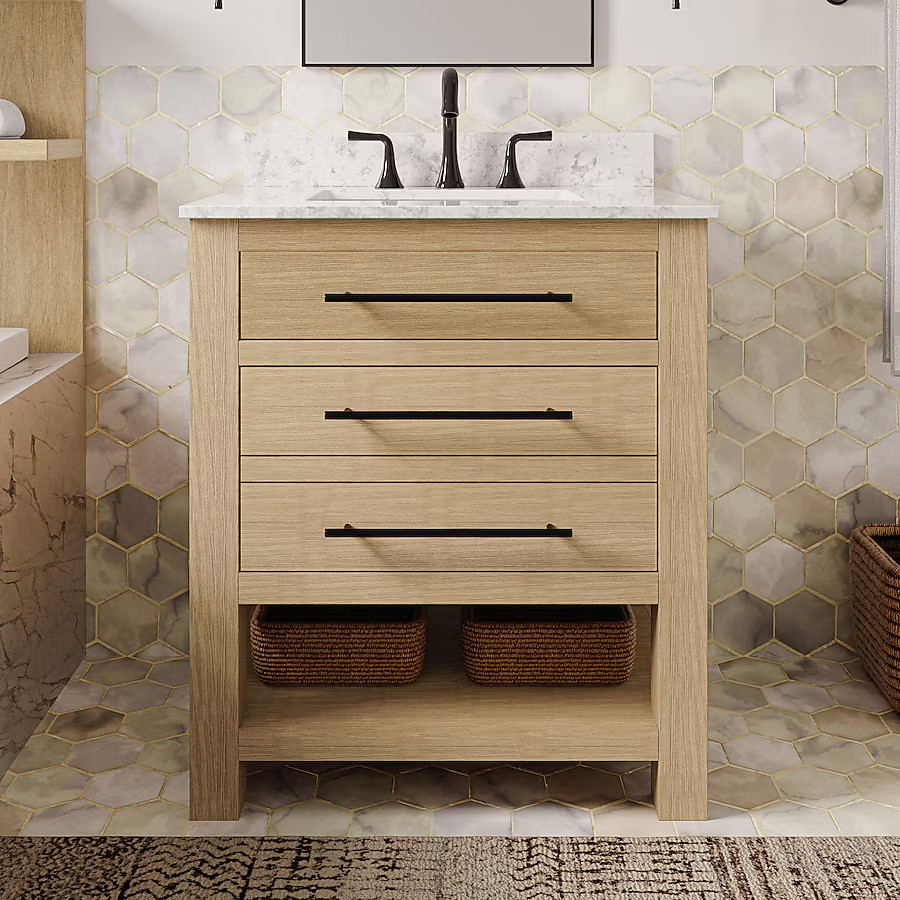 allen + roth Kennilton 30-in Light Oak Undermount Single sink Bathroom Vanity with White Veined E... | Lowe's