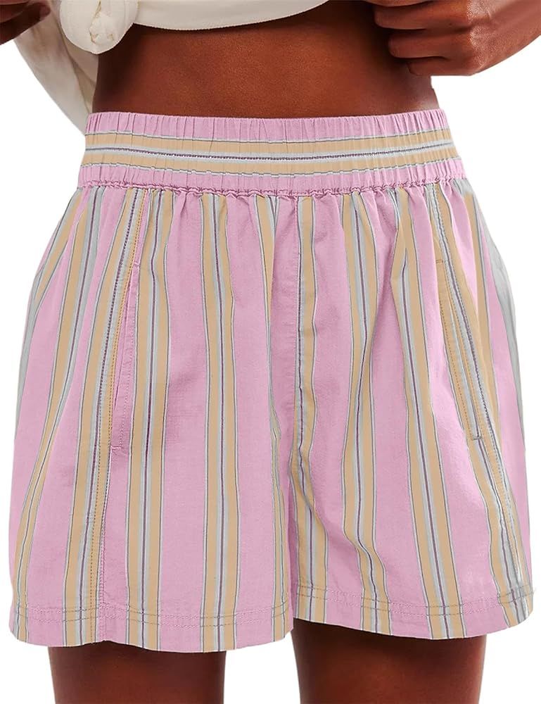 Women Striped Boxer Shorts Elastic High Rise Pajama Bottoms Shorts Casual Lounge Shorts with Pock... | Amazon (US)