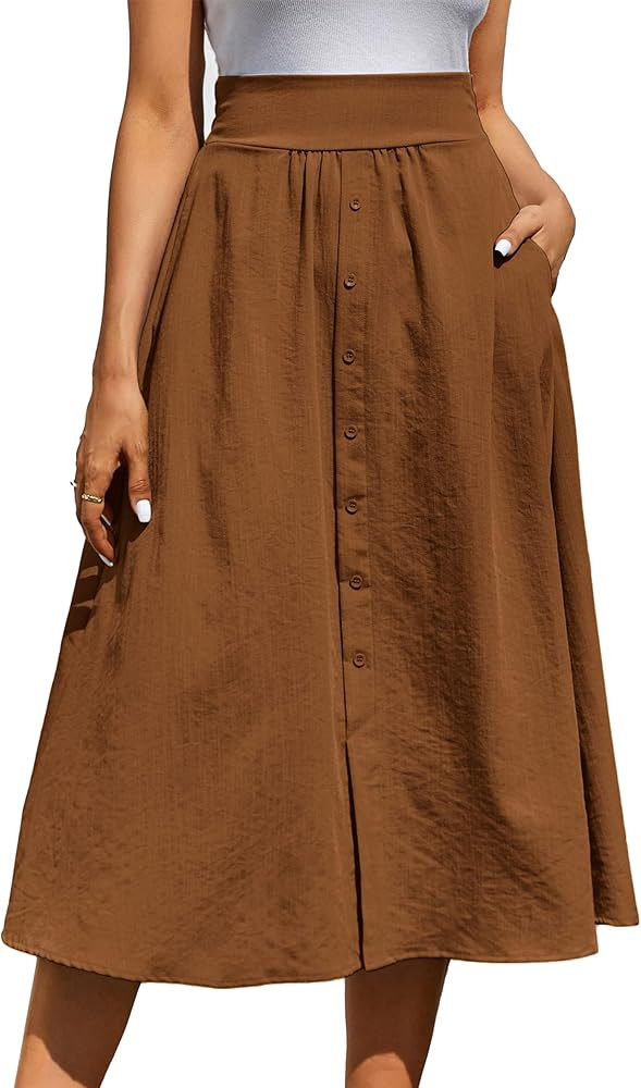 Kate Kasin Women's High Waist Midi Skirt Vintage Elastic A-Line Pleated Button Skirts with Pocket... | Amazon (US)