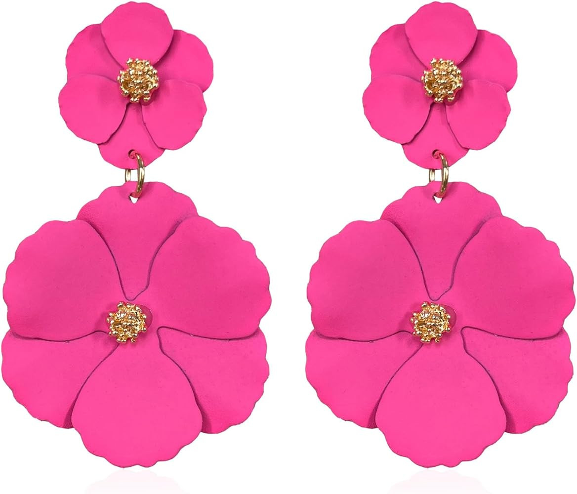 White Summer Flower Floral Dangle Earrings Boho 2 Layered Floral Petal Drop Statement Stud Earrin... | Amazon (US)