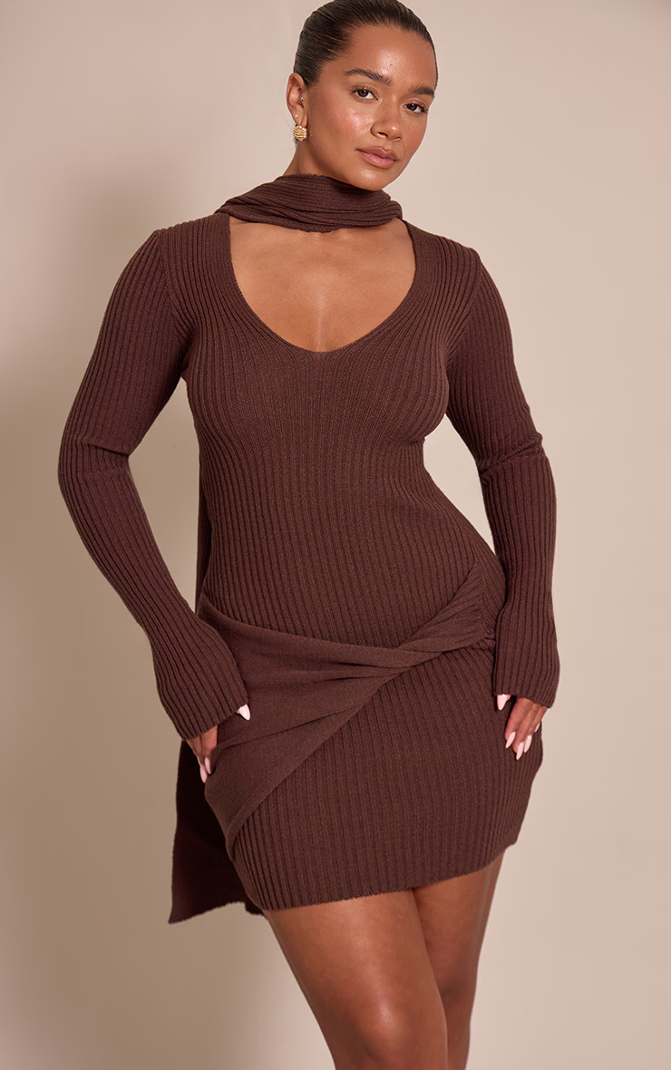 Shape Chocolate Plunge Neck Scarf Knit Mini Dress | Shape | PrettyLittleThing US