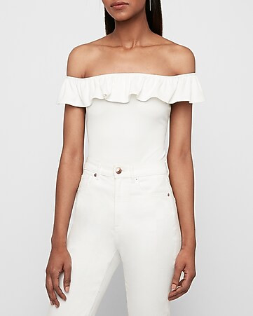Ribbed Ruffle Off The Shoulder Thong Bodysuit | Express