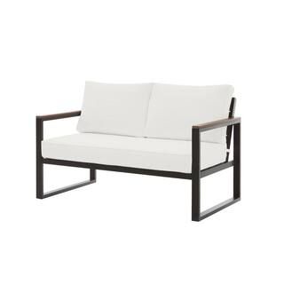 West Park Black Aluminum Outdoor Patio Loveseat with CushionGuard White Cushions | The Home Depot