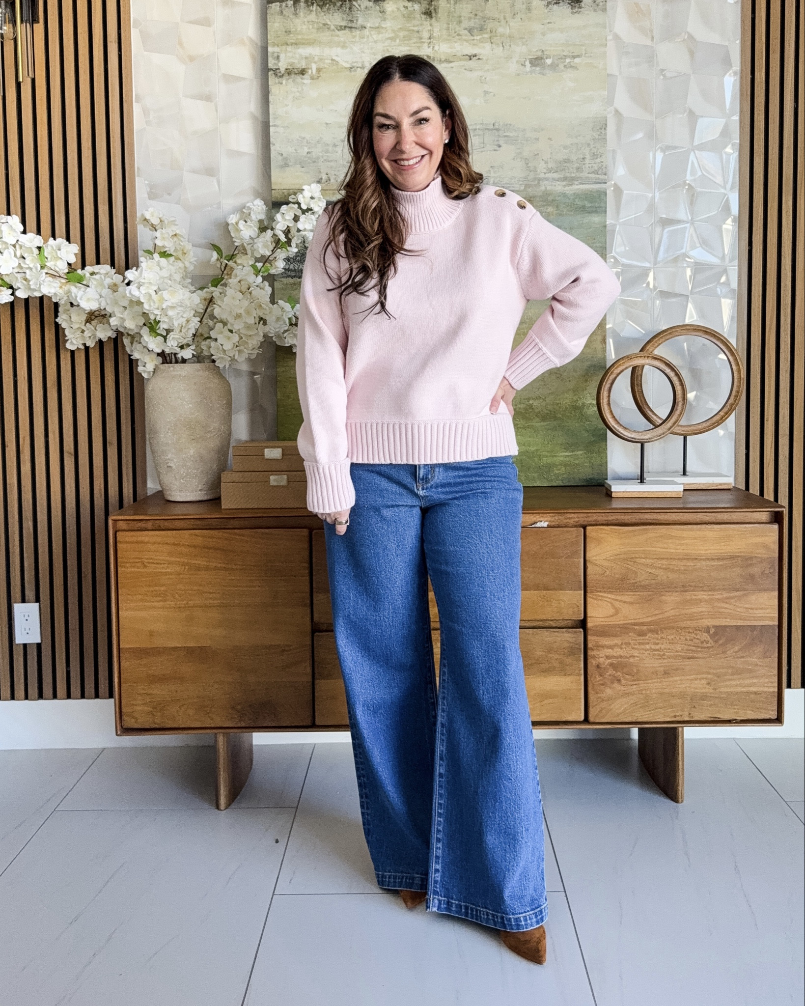 Ann Taylor Spring Soft Pink Button Detail Sweater Everyday Casual Look | Wearing sweater tts, L and Jeans tts, 12R 

 

#LTKSeasonal #LTKOver40 #LTKMidsize