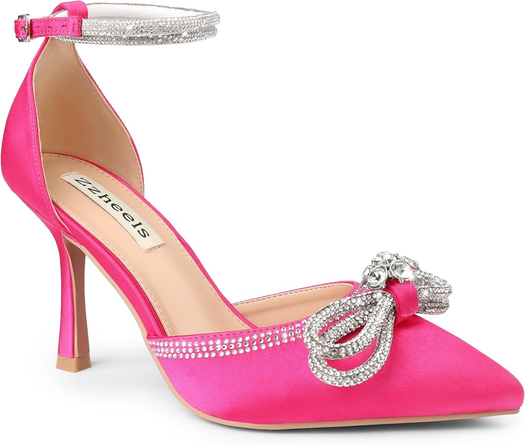 Zzheels Women's Wedding Heels Sparkly Rhinestone Stiletto Pumps Bow Heels Pointed Toe Ankle Strap... | Amazon (US)