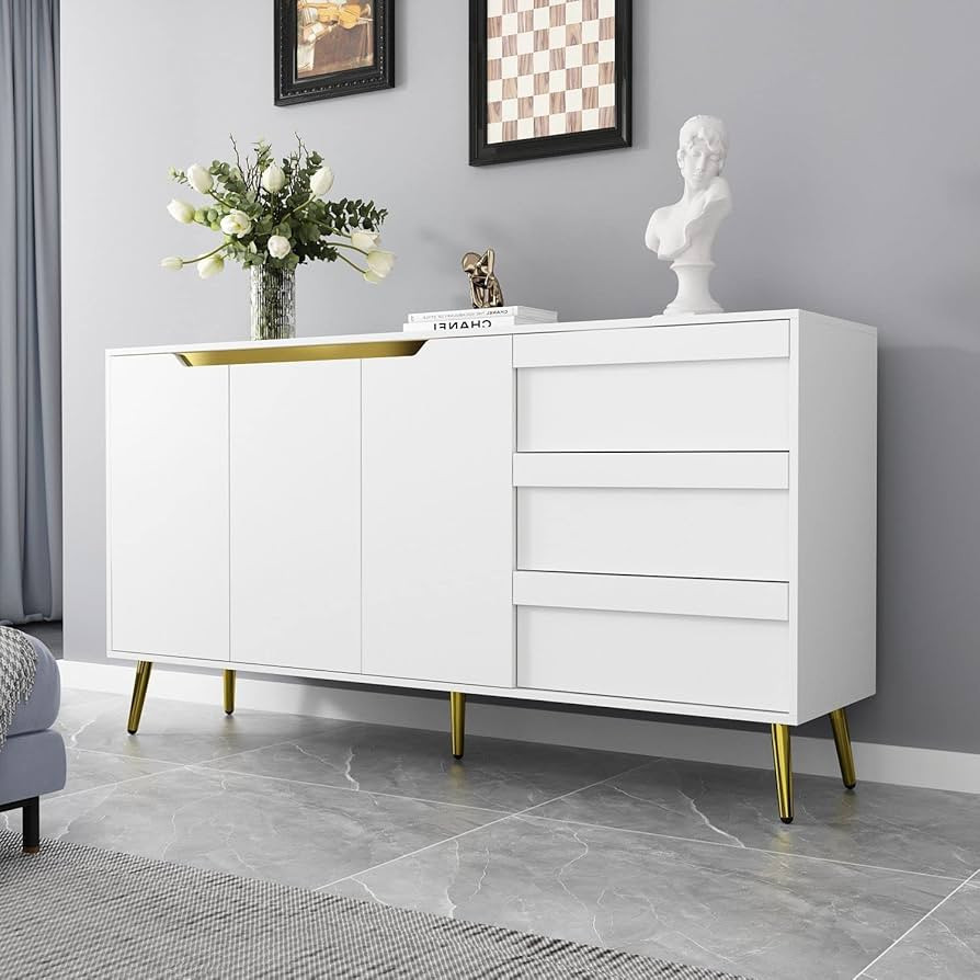 FAMAPY White and Gold Credenza with Drawers & Doors, Wide Buffet Cabinet with Storage, Buffet Sid... | Amazon (US)