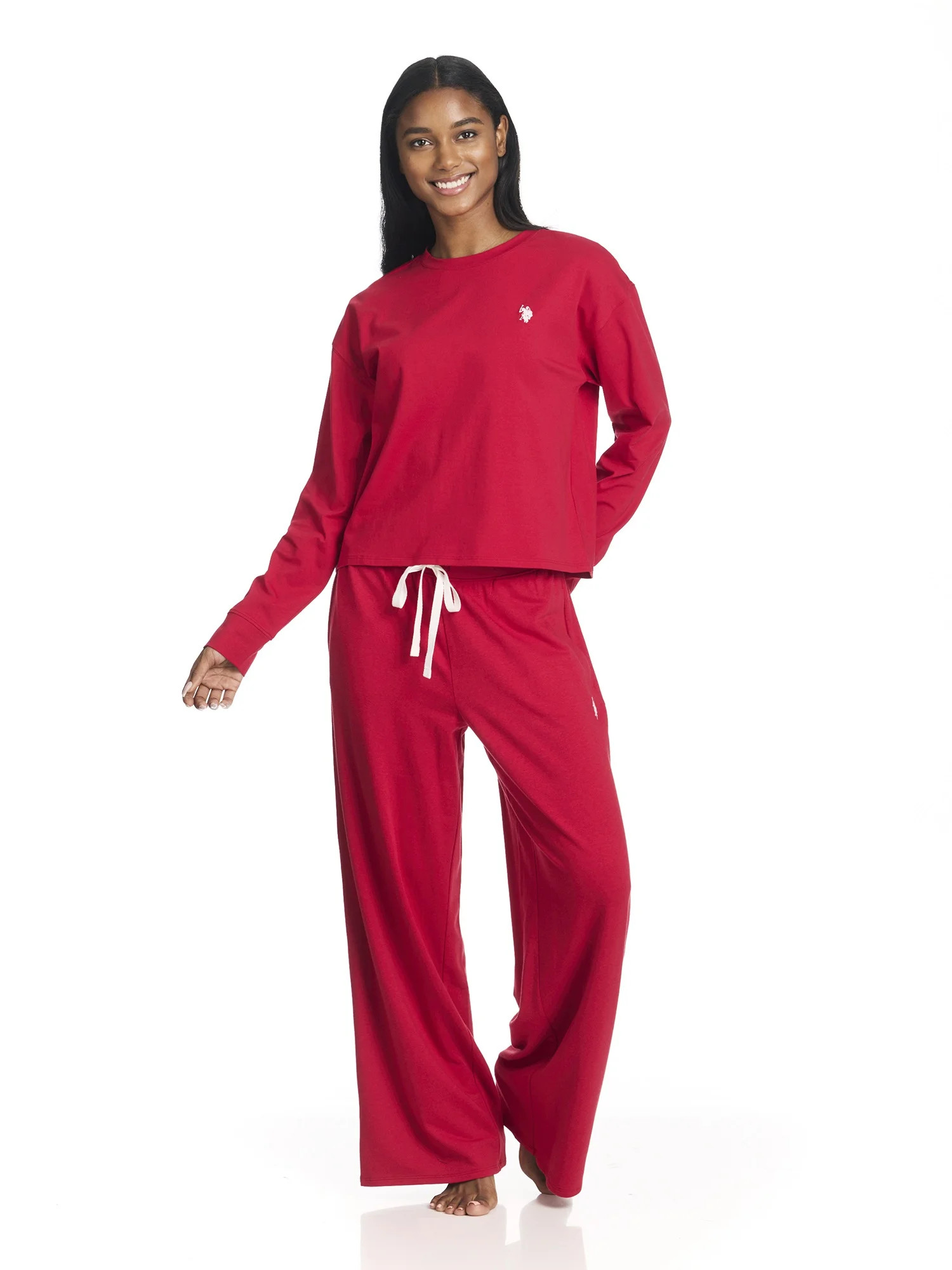 U.S. Polo Assn. Women's Long Sleeve Cotton Span Top and French Terry Wide Leg Pant Pajama Sleep S... | Walmart (US)