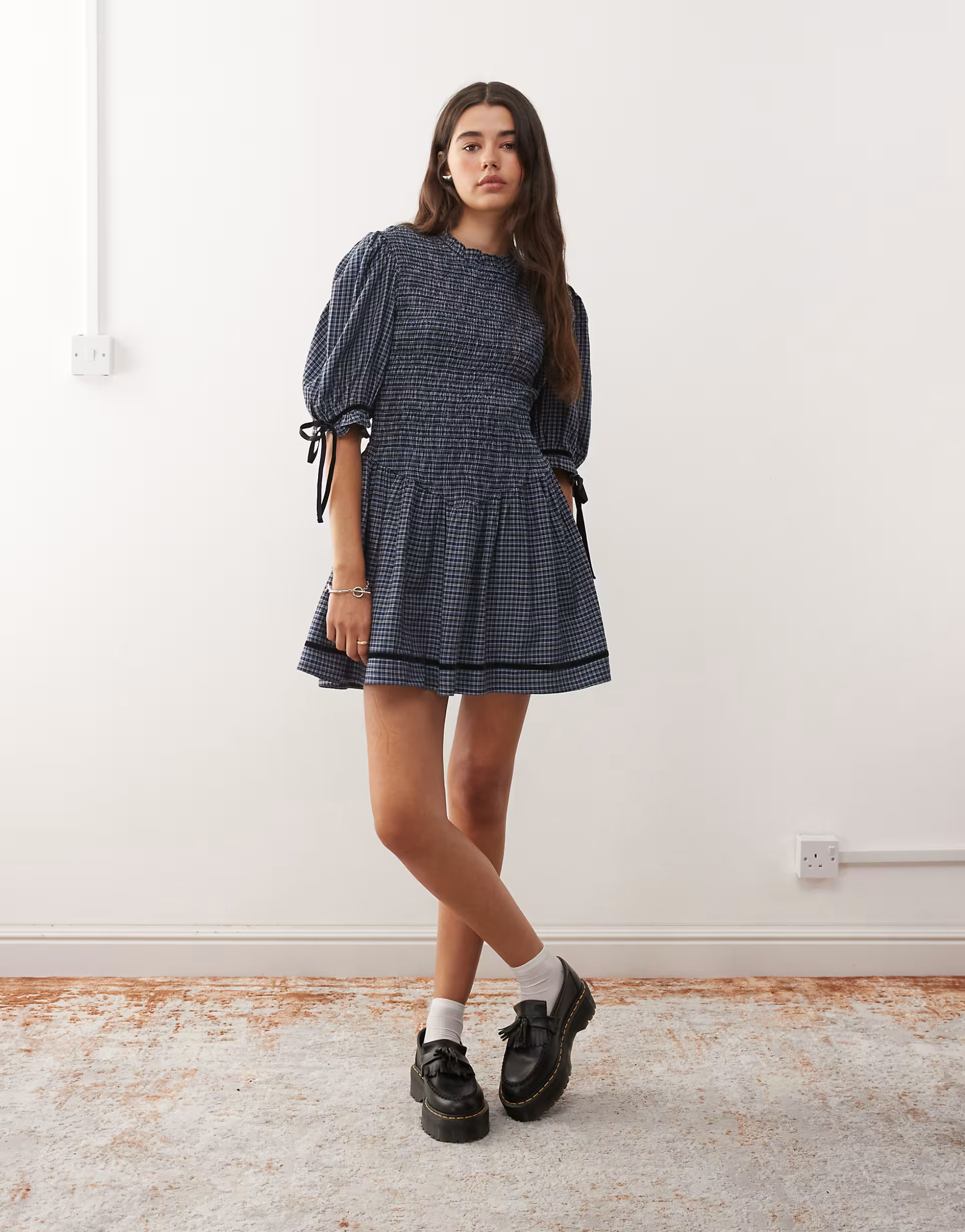 Reclaimed Vintage mini dress with shirred bodice and velvet trim in blue plaid | ASOS (Global)