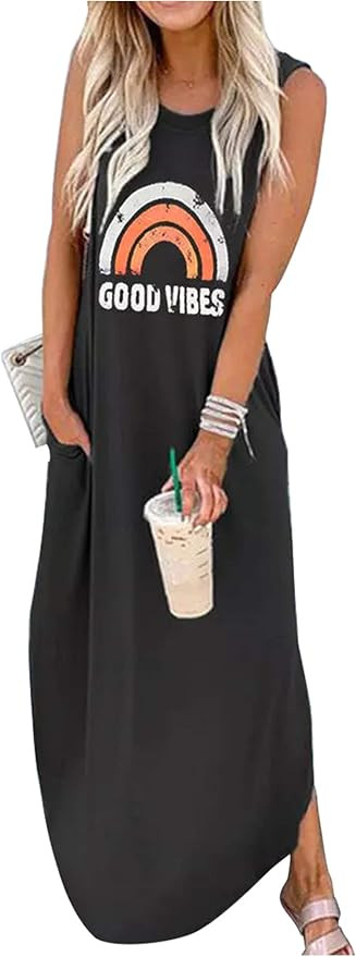 Good Vibes Rainbow Pocket Sleeveless Maxi Dress for Women Summer Hawaiian Beach Casual Tank Dress... | Amazon (US)