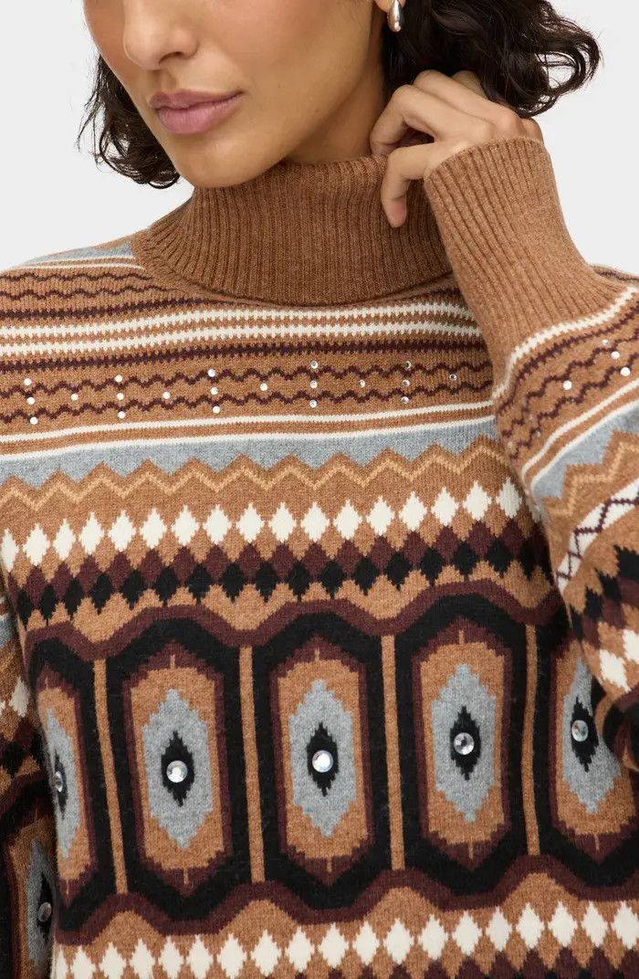 Christine Embellished Fair Isle Cotton & Wool Blend Turtleneck Sweater | Nordstrom