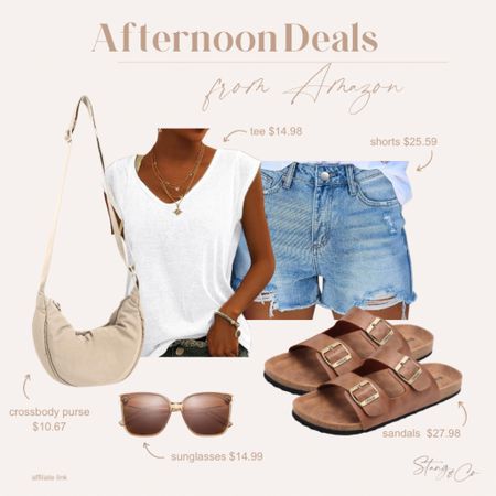 Everything in this outfit is on sale! Pair denim shorts with a white v neck tee (comes in a bunch of colors), Birkenstock look for less sandals, brown sunglasses, and a crescent puffer purse. 

Ootd, Amazon fashion, summer outfit, tall friendly style 

#LTKstyletip #LTKsalealert #LTKfindsunder50
